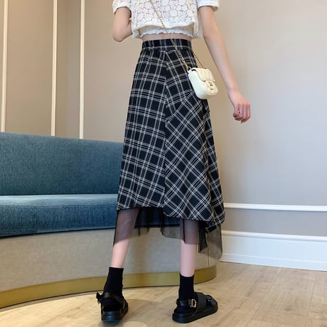 不規則デザイン チェック柄 スカート 裾レース フロントボタン ロング丈 Aライン ハイウエスト 韓国ファッション レディース ロングスカート 大人可愛い ガーリー DTC-638836072176