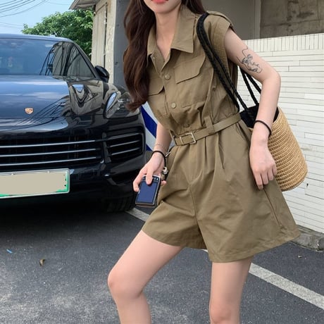 オールインワン ジャンプスーツ ベルト付き ショート丈 ノースリーブ ルーズ ハイウエスト レトロ 韓国ファッション レディース 大人可愛い ガーリー カジュアル DTC-720748457396