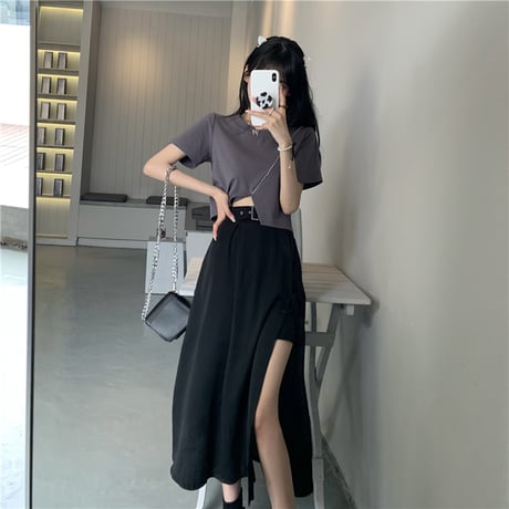 セットアップ 不規則デザイン クロップドTシャツ ＋ スプリットスカート 韓国ファッション レディース 2点セット Tシャツ スカート ハイウエスト DTC-642828357858