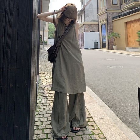 セットアップ 2点セット ノースリーブ ワンピース ワイドパンツ ルーズ ベスト ハイウエスト 半袖 レトロ 韓国ファッション レディース 大人可愛い ガーリー DTC-793661680328
