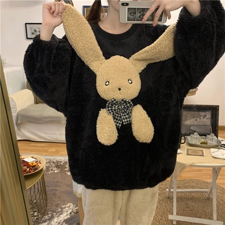 ルームウェア パジャマ セットアップ フリース トップス + パンツ ラビット うさぎ 長袖 上下セット 長袖 韓国ファッション レディース もこもこ ガーリー 627109268664