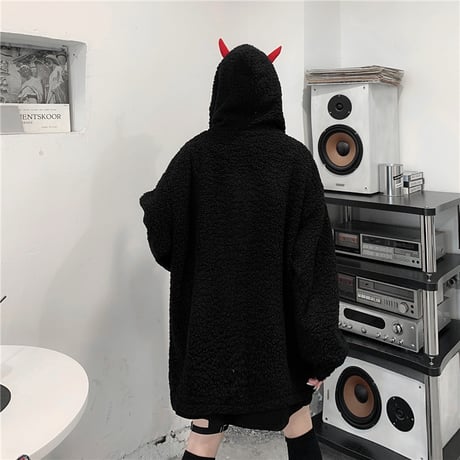 悪魔の角 フード ボアジャケット ボアブルゾン ラムウール 韓国ファッション レディース ボアパーカー ゆったり アウター 大人可愛い ガーリー DTC-630246238892