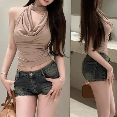 オープンバック ノースリーブ トップス ホルターネック タンクトップ バックオープン バックレス 背中開き tシャツ スリムフィット レトロ 大人可愛い ガーリー DTCA-888244191236
