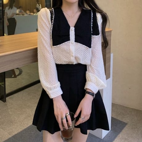 レースブラウス 大きい襟 配色 長袖 ブラウス レース ルーズ レトロ 韓国ファッション レディース 大人可愛い ガーリー フェミニン DTC-664823114520