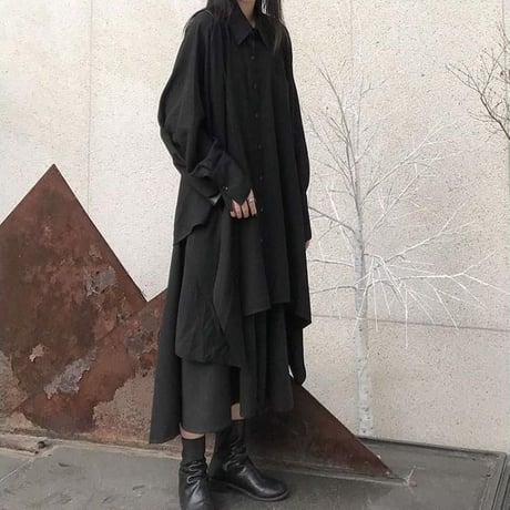 アシンメトリー ロングシャツ 長袖 ルーズ 韓国ファッション レディース シャツワンピース シャツ アシメ 不規則デザイン 暗黒系 ドルマンシャツ ガーリー DTC-601048675644