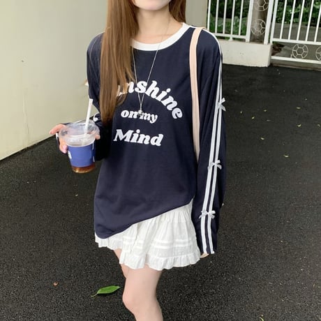 袖ライン リボン tシャツ レタープリント オーバーサイズ ロンt サイドライン トップス 長袖 レトロ 韓国ファッション レディース 大人可愛い ガーリー DTC-798807583548