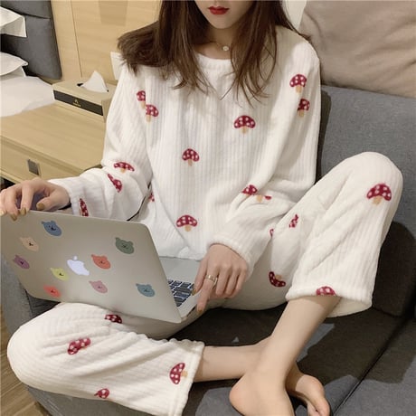 【ルームウェア】 パジャマ セットアップ トップス + パンツ キノコ プリント 長袖 上下セット 長袖 韓国ファッション レディース ガーリー 630650759701