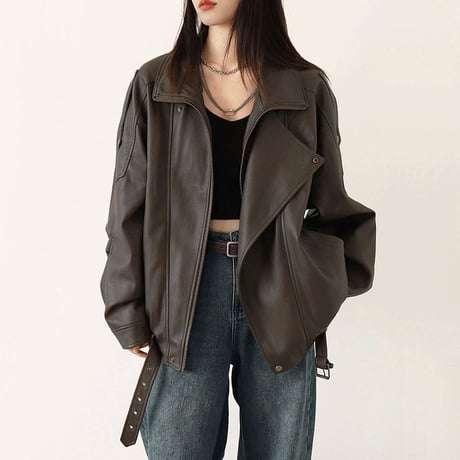 PU レザージャケット フェイクレザー ジップアップ ライダースジャケット ライトアウター ブルゾン オーバーサイズ ゆったり ルーズ レトロ カジュアル DTCA-976311479402