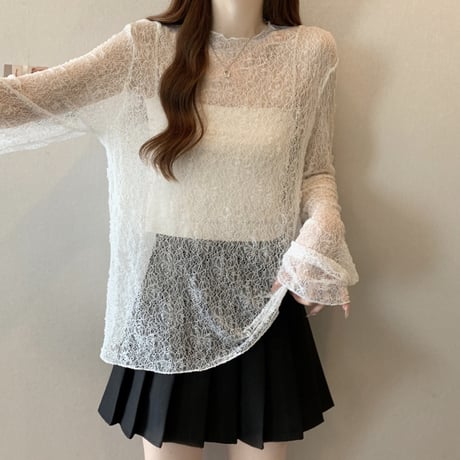 シアートップス レース tシャツ トップス クルーネック UVカット シアーtシャツ ゆったり ルーズ 長袖 レトロ 大人可愛い ガーリー トレンド DTCA-907055529072