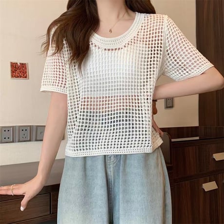 サマーニット メッシュ トップス プルオーバー tシャツ 透かし編み クルーネック ショート丈 レイヤードトップス 半袖 レトロ 大人可愛い ガーリー カジュアル DTCA-676945045996
