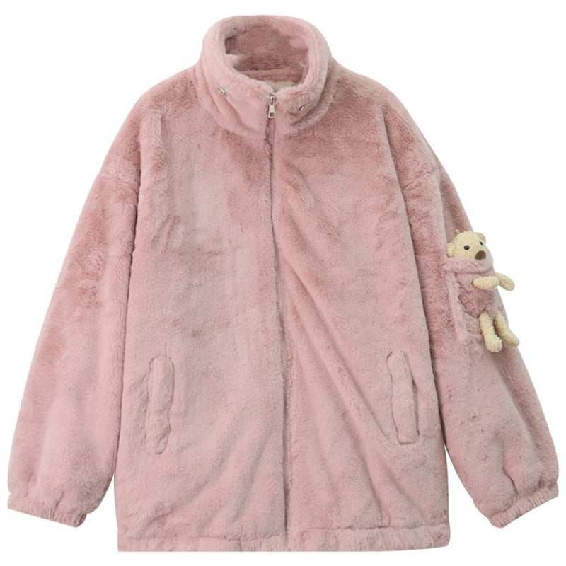 クマのぬいぐるみ付き ボアジャケット ボアブルゾン ゆったり