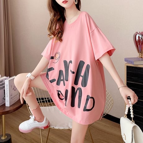 Tシャツ チュニック オープンバック Vネック オーバーサイズ ゆったり 半袖 レトロ 韓国ファッション レディース 大人可愛い ガーリー カジュアル DTC-650661295321