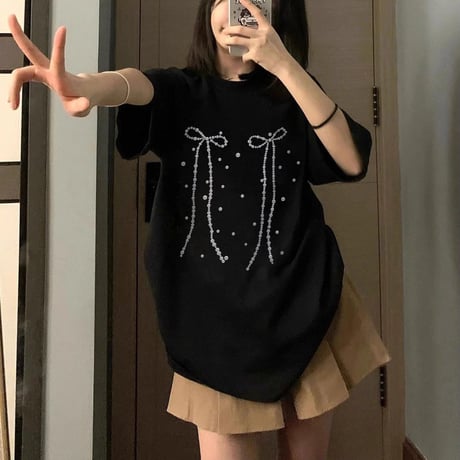 リボンプリント Tシャツ オーバーサイズ トップス ルーズ ゆったり 半袖 レトロ  大人可愛い ガーリー カジュアル フェミニン DTCA-780996917013