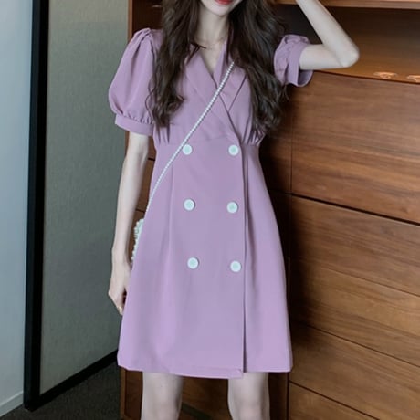 ジャケット風 ワンピース Aライン 韓国ファッション レディース ダブルボタン 半袖 ハイウエスト DTC-618226482217