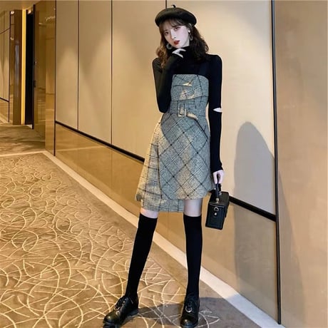 セットアップ トップス ＋ チェック柄 キャミワンピース 韓国ファッション レディース セット ワンピース ミニ丈 ハイウエスト レトロ ガーリー DTC-605189303386