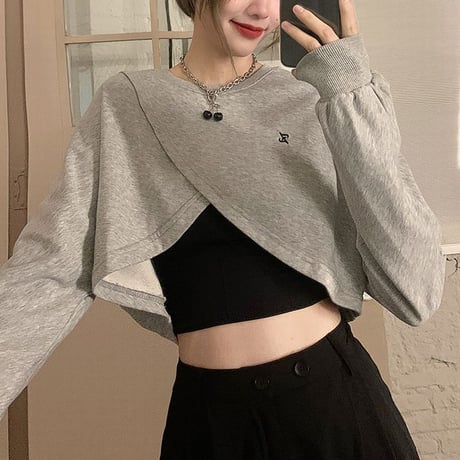 不規則 クロス トップス シンプル ルーズ 薄手 ショート丈 レトロ トレーナー 韓国ファッション レディース 大人可愛い ガーリー DTC-651057262550