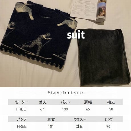 セットアップ ノルディック柄 セーター ＋ コーデュロイパンツ ワイドパンツ 韓国ファッション レディース ニット ウエストゴム (DTC-608882795600)