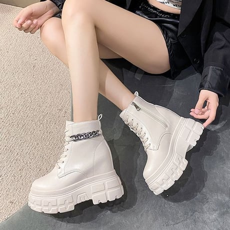 厚底 ブーツ インヒール チェーン 22.0～24.5cm シューレース サイドファスナー 防水プラットフォーム レザー ショートブーツ 履きやすい ガーリー DTC-654284892844