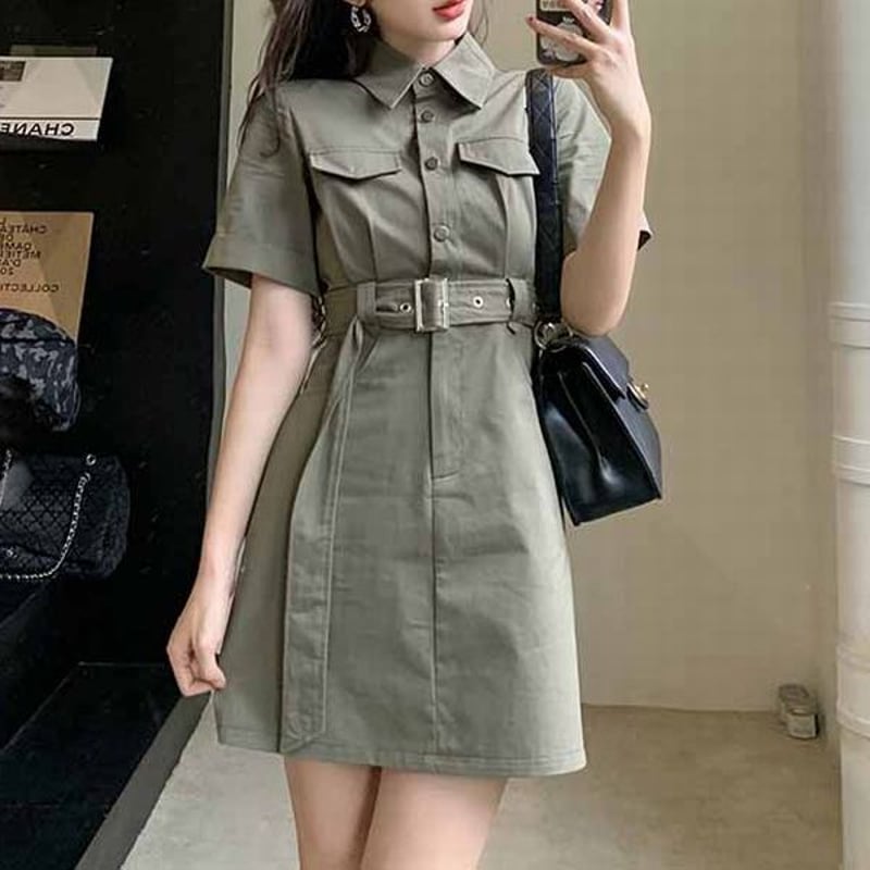 ミリタリー風 シャツワンピース 半袖 ミニワンピース ウエストマーク