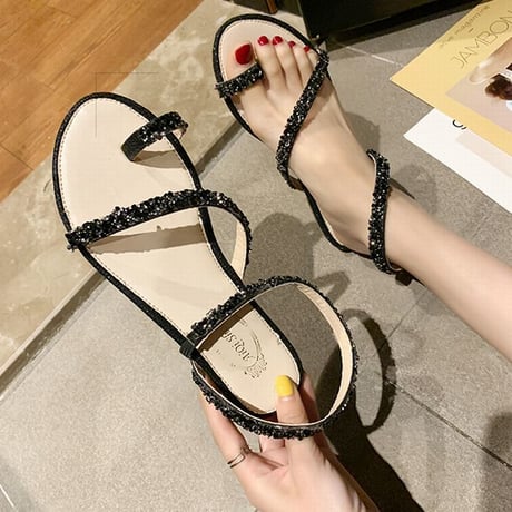 フラットサンダル ラインストーン 22.5～25.0cm ストラップ ぺたんこ サンダル キュート 痛くない かわいい 靴 歩きやすい 韓国ファッション レディース DTC-641834777906