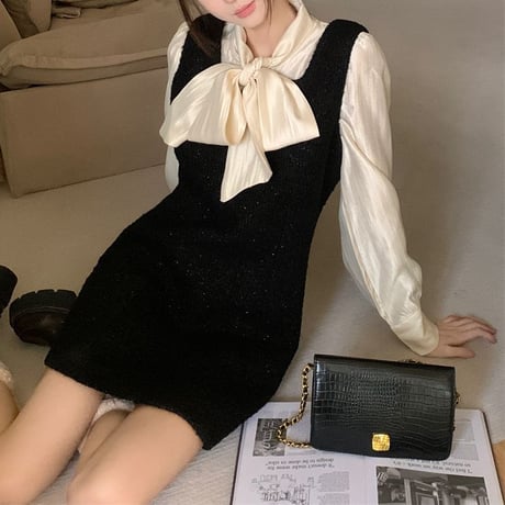 セットアップ 2点セット ブラウス ジャンパースカート リボン 長袖 ウール ジャンスカ ショート丈 レトロ 韓国ファッション レディース 大人可愛い ガーリー DTC-761907249160