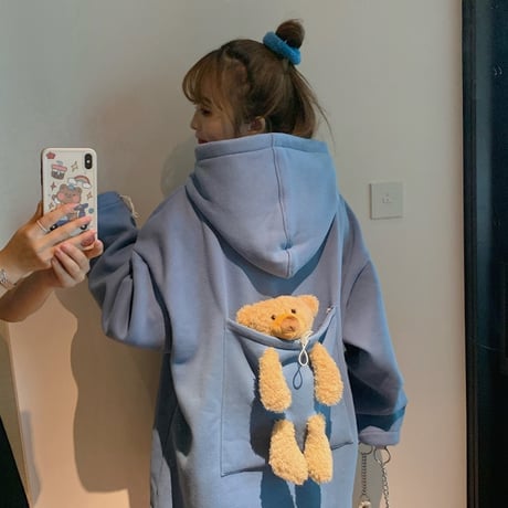 パーカー スウェット クマのぬいぐるみ 韓国ファッション レディース ベアー プルオーバー オーバーサイズ ゆったり ルーズ カジュアル ストリート ガーリー DTC-627155947380