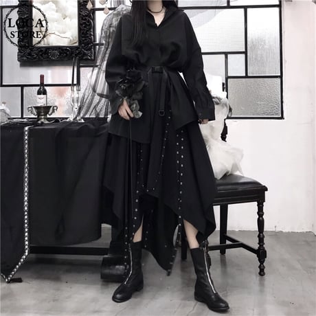 セットアップ ベルト付き ロングシャツ 長袖 アシンメトリー スカート ウエストゴム アシメ ロング丈 暗黒系 DTC-601163570113
