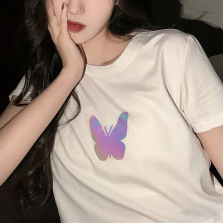 クロップド丈 Tシャツ 反射光 バタフライ 半袖 韓国ファッション レディース トップス ショート丈 プリント ガーリー カジュアル ストリートファッション DTC-617478923344