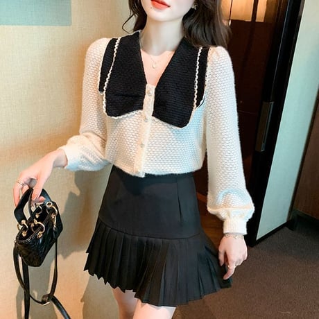 レースブラウス 大きい襟 配色 長袖 ブラウス レース ルーズ レトロ 韓国ファッション レディース 大人可愛い ガーリー フェミニン DTC-664823114520