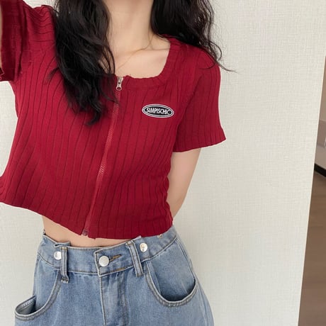 半袖 リブニット クロップド丈 フロントジップ カットソー 韓国ファッション レディース トップス ショート丈 ジップアップ 大人可愛い ガーリー カジュアル DTC-639071170780