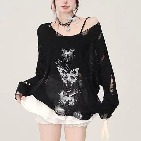 ダメージニット バタフライ グラフィティ プリント 薄手 Vネック ダメージ加工 ニット トップス ゆったり 長袖 レトロ 大人可愛い ガーリー カジュアル DTCA-922603817995