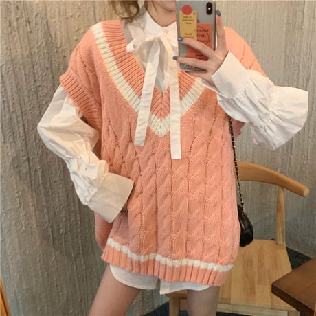 ニットベスト ケーブル編み オーバーサイズ ベスト Vネック ニット ビッグサイズ 韓国ファッション レディース カジュアル ストリートファッション DTC-651773180755