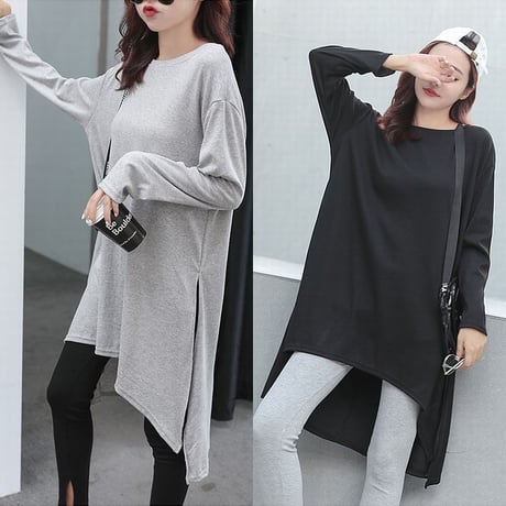 スリットTシャツ ロング丈 全3色 韓国ファッション レディース チュニック ワンピース ゆったり ラウンドネック 無地 ストリート (1RIRIT-025)