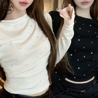 Tシャツ ビジュー カットソー ロンT ラインストーン ショート丈 肩パッド スリムフィット トップス プルオーバー 長袖 レトロ 大人可愛い ガーリー カジュアル DTCA-829997345270