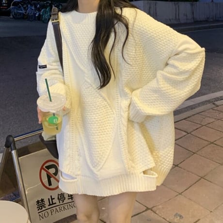 ダメージ加工 ニットセーター ダメージニット ニット ミックス編み ケーブル編み 長袖 レトロ 韓国ファッション レディース 大人可愛い ガーリー カジュアル DTC-665453440583