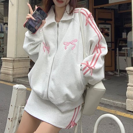 セットアップ 上下セット サイドライン リボン ジップアップ トップス ミニスカート ジャージ 長袖 レトロ 韓国ファッション レディース 大人可愛い ガーリー DTC-768301933172