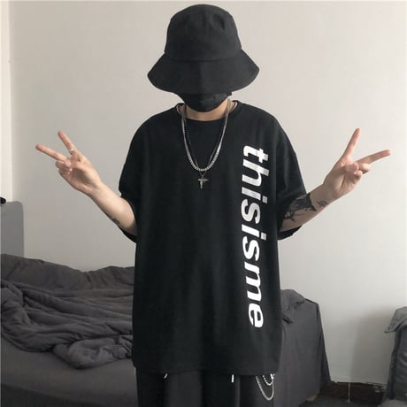 ユニセックス Tシャツ 半袖 メンズ レディース ラウンドネック シンプル 縦英字プリント オーバーサイズ 大きいサイズ ルーズ ストリート TBN-595489122767