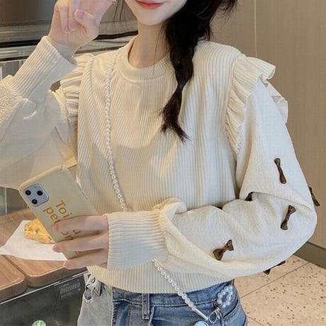 ニット ブラウス リボン飾り フリル プルオーバー 異素材 切替 長袖 レトロ 韓国ファッション レディース 大人可愛い ガーリー フェミニン DTC-666907074665