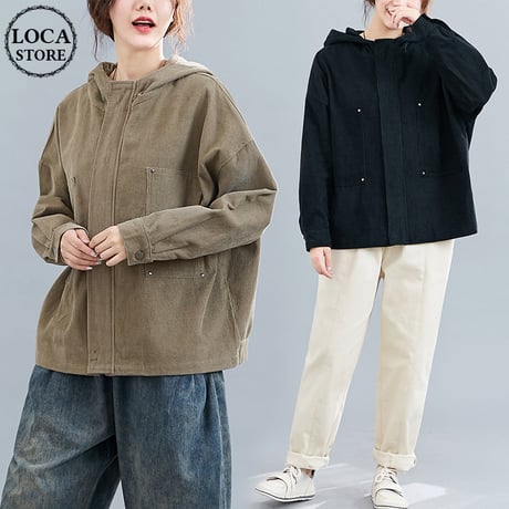 コーデュロイ ジャケット フード付き ショート丈 レディース アウター ドロップショルダー シンプル 長袖 大人カジュアル 春 秋 韓国 韓国ファッション (DTC-601758197653)