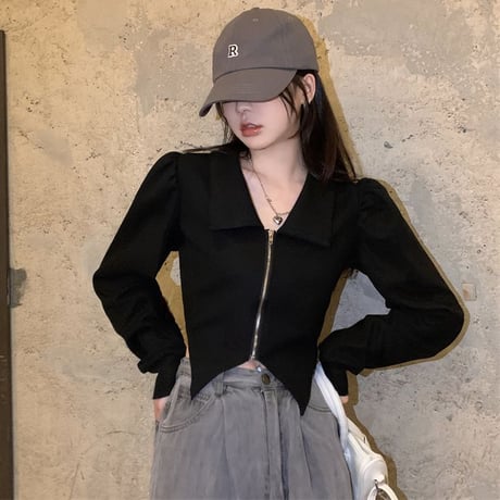 トップス 不規則デザイン ジップアップ スリムフィット 長袖 パフスリーブ ポロカラー レトロ 韓国ファッション レディース 大人可愛い ガーリー カジュアル DTCA-732391595269