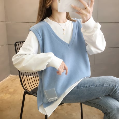 フェイクレイヤード トップス ベスト ドッキング ラウンドネック ルーズ 韓国ファッション レディース ゆったり 体型カバー 大人可愛い ガーリー DTC-624754370918