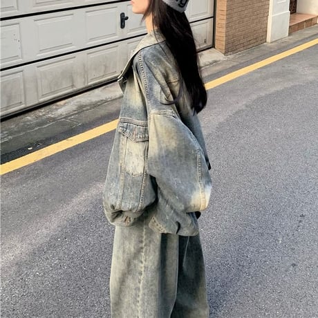 セットアップ デニムジャケット デニムパンツ ウォッシュ加工 オーバーサイズ Gジャン ジーパン デニム レトロ 韓国ファッション レディース 大人可愛い ガーリー DTC-769538222015