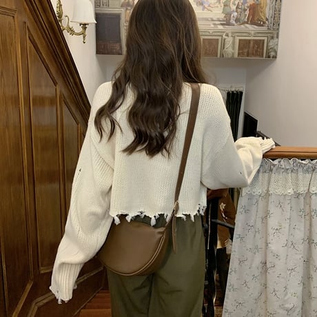 ダメージ加工 ニット ショート丈 セーター トップス ダメージニット 長袖 秋 冬 レトロ 韓国ファッション レディース 大人可愛い ガーリー カジュアル DTC-680077592781