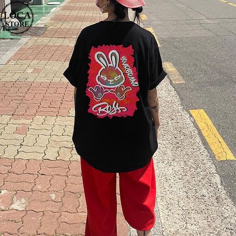 ユニセックス Tシャツ 半袖 うさぎ ラビット バックプリント オーバーサイズ ゆったり 大きめ 韓国ファッション メンズ レディース 韓国ストリートファッション DTC-680601779093