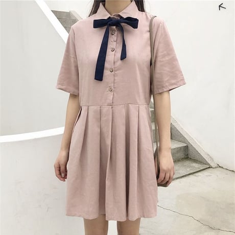 レディース ワンピース プリーツスカート 薄手 ボウタイ リボン ゆったり ガーリー 韓国ファッション (DCT-591685926711)