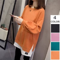 フェイクレイヤード トレーナー カットソー ロンT 重ね着風 切り替え チュニック パフスリーブ プルオーバー スウェット ドロップショルダー 長袖 レトロ DTCA-660500807262