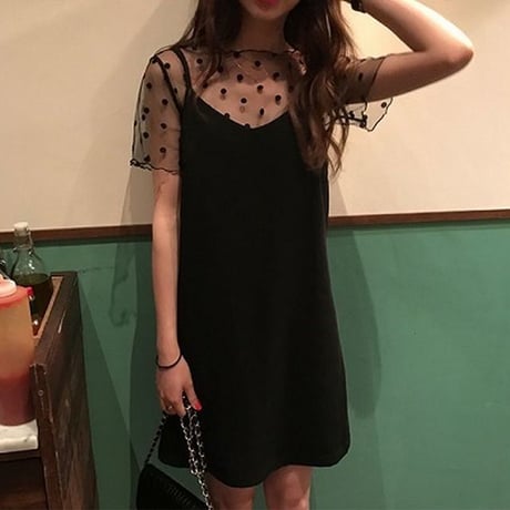 セットアップ 2点セット キャミワンピース ドット柄 レース Tシャツ ノースリーブ 大人可愛い ガーリー 韓国ファッション レディース DCT-621675137865