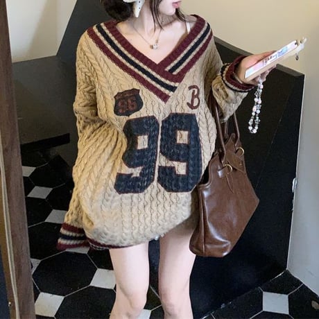 ニット ナンバーロゴ ケーブル編み 配色 Vネック オーバーサイズ トップス ヴィンテージ風 ルーズ 秋冬 レトロ 韓国ファッション レディース 大人可愛い ガーリー DTC-837535497664