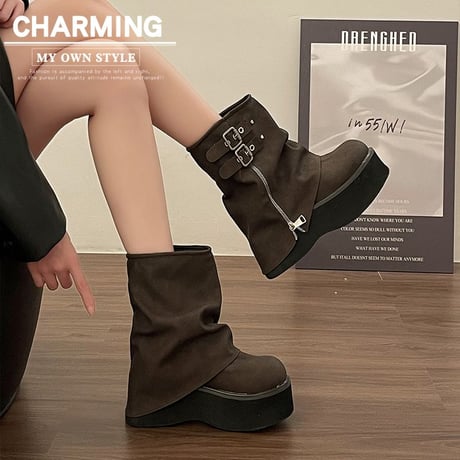 厚底 ショートブーツ 22.5～25.0cm バックル サイドジッパー 厚底ブーツ プラットフォーム ブーツ カジュアル 韓国ファッション レディース DTC-741312023736