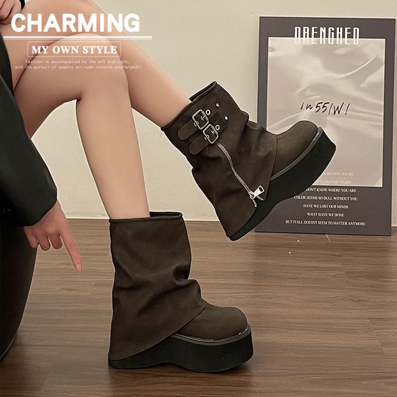 厚底 ショートブーツ 22.5～25.0cm バックル サイドジッパー